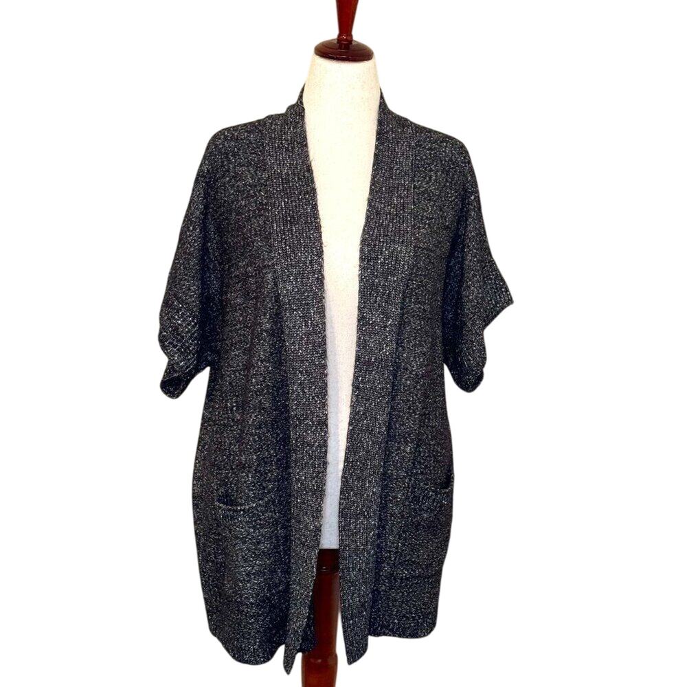 Chico's sweater short sleeve marled gray open front cardigan pockets Sz 2 US L